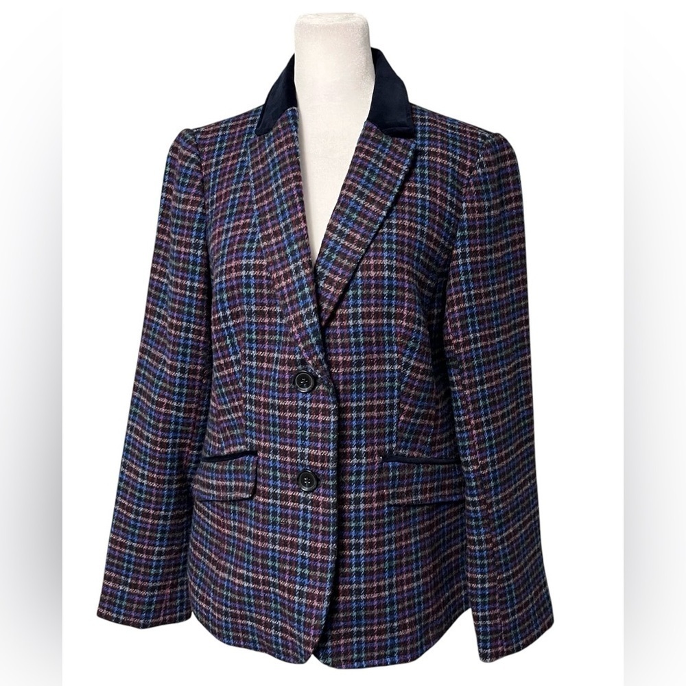 Talbots Blue Plaid Velvet Collar Shetland Wool Blazer Size 6 - Picture 3 of 10